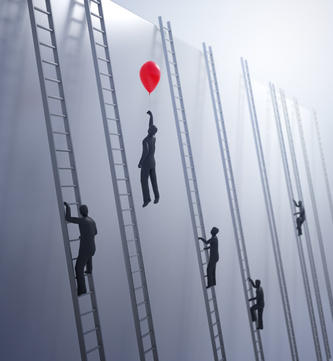 Tiny abstract people climbing ladders